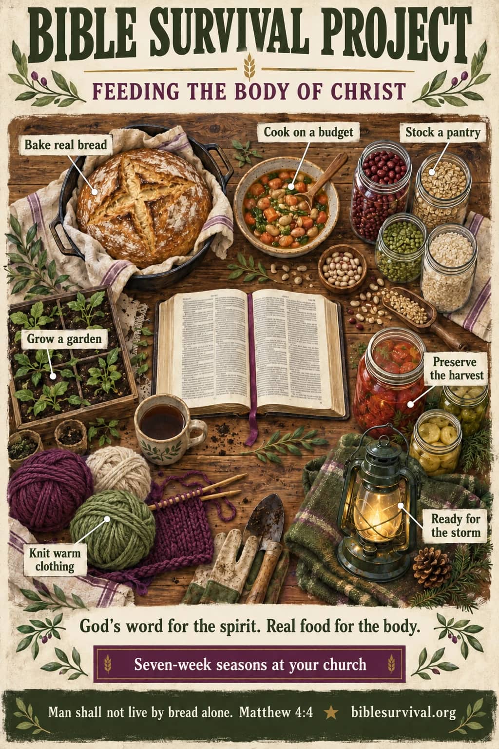 The cover of the Bible Survival Project church booklet: bread, a pantry, a garden, the harvest, and knitting around an open Bible.