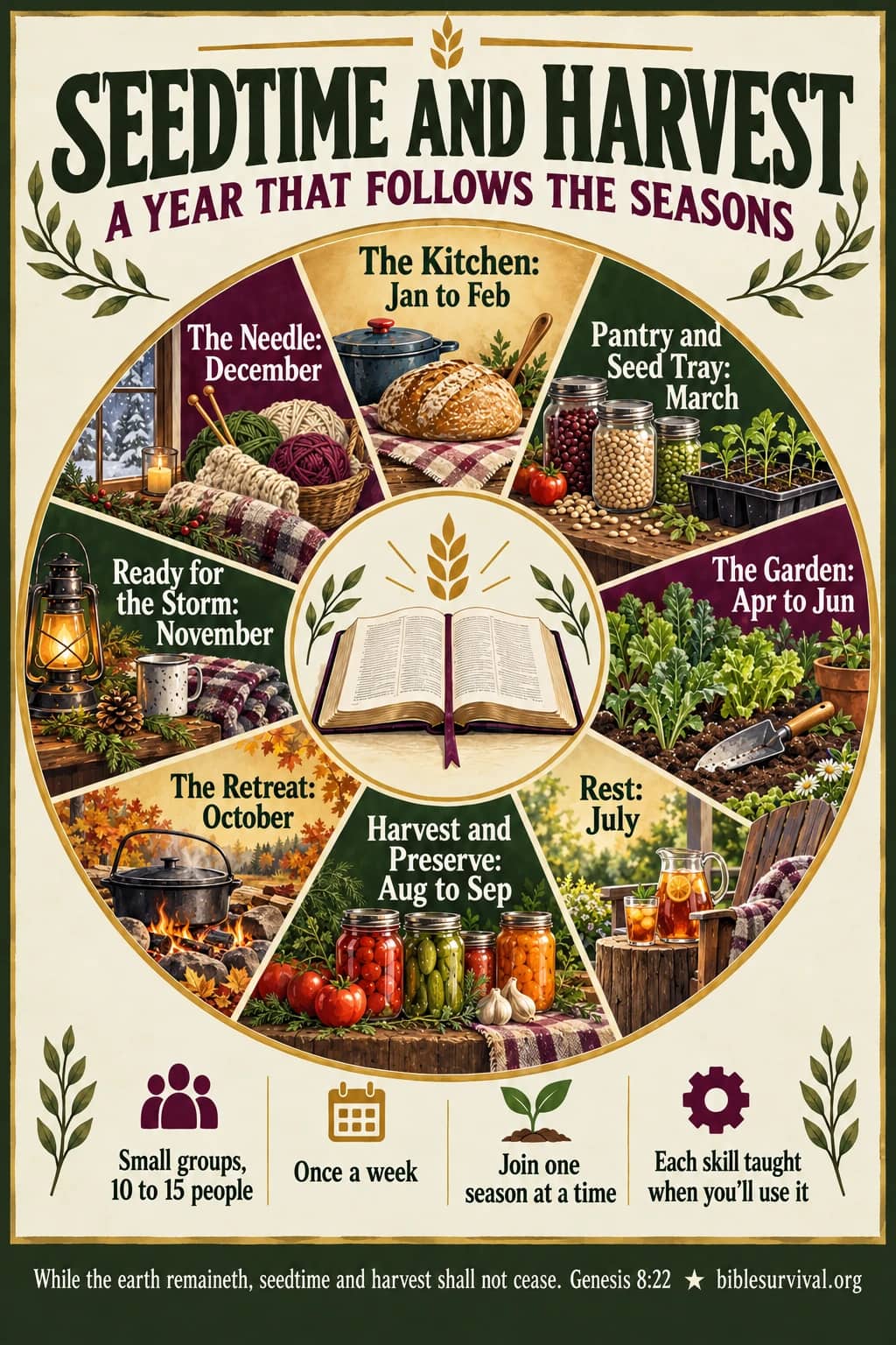 The year as a wheel around an open Bible: The Kitchen in January and February through The Needle in December.