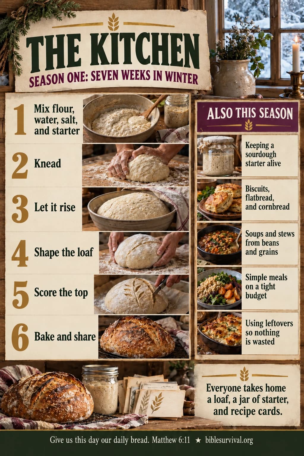 The Kitchen season: six steps from mixing flour, water, salt, and starter to baking and sharing the loaf.